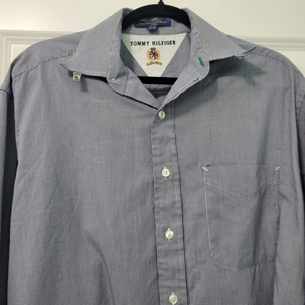 Vintage Tommy Hilfiger Shirt Mens 15.5 Gray Dress Button Up Long Sleeve